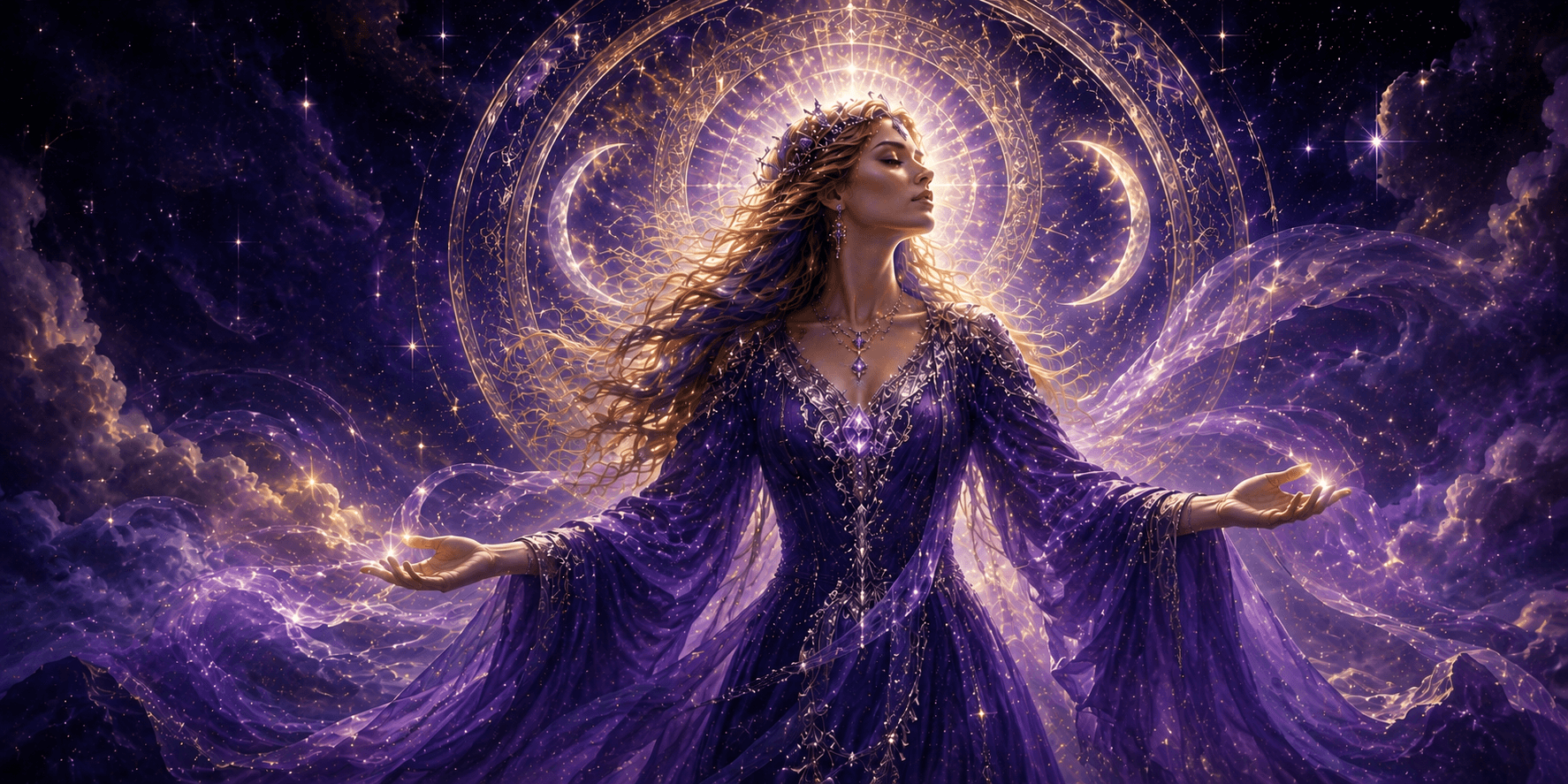 A goddess radiating light against a cosmic violet sky