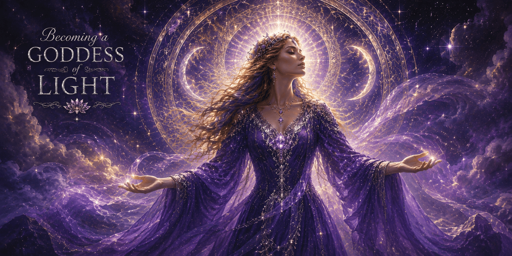 Becoming a Goddess of Light — a goddess radiating light against a cosmic violet sky